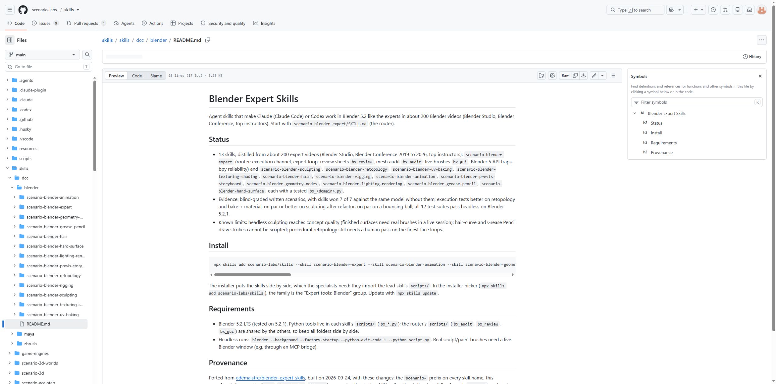 The Blender skill documentation: tasks, requirements and documented limits. Click to enlarge.