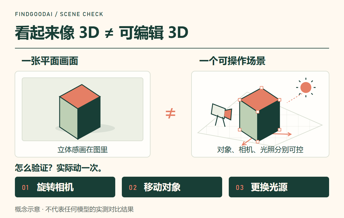 左侧是包含立体感的平面图片,右侧是对象、相机和光照可以独立控制的场景;通过旋转相机、移动对象和更换光源检查。
