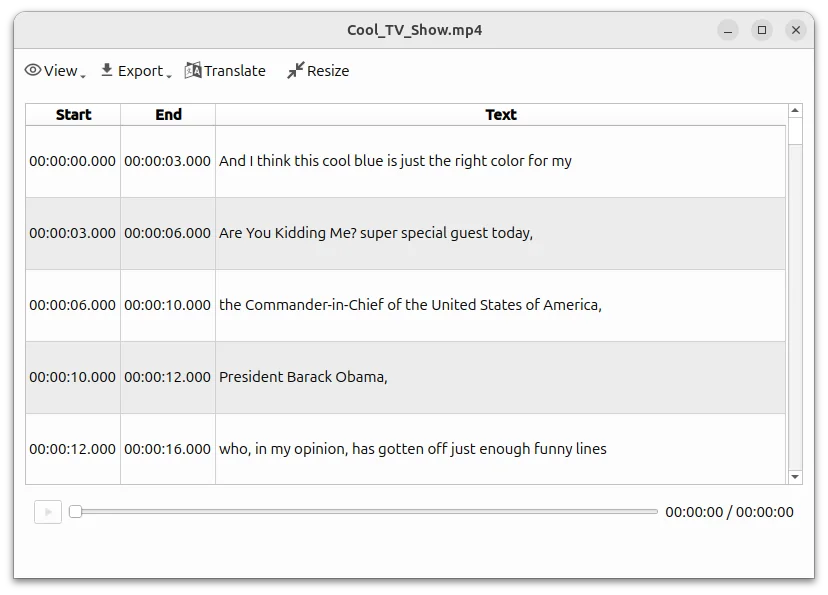 Official Buzz screenshot of the transcript viewer with timestamps and export controls