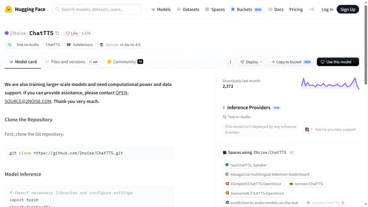 Official ChatTTS model page captured October 3, 2026, showing its noncommercial model license