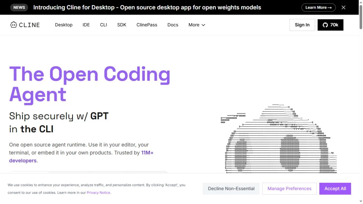 Cline official website captured October 3, 2026; product presentation, not a FindGoodAI performance test