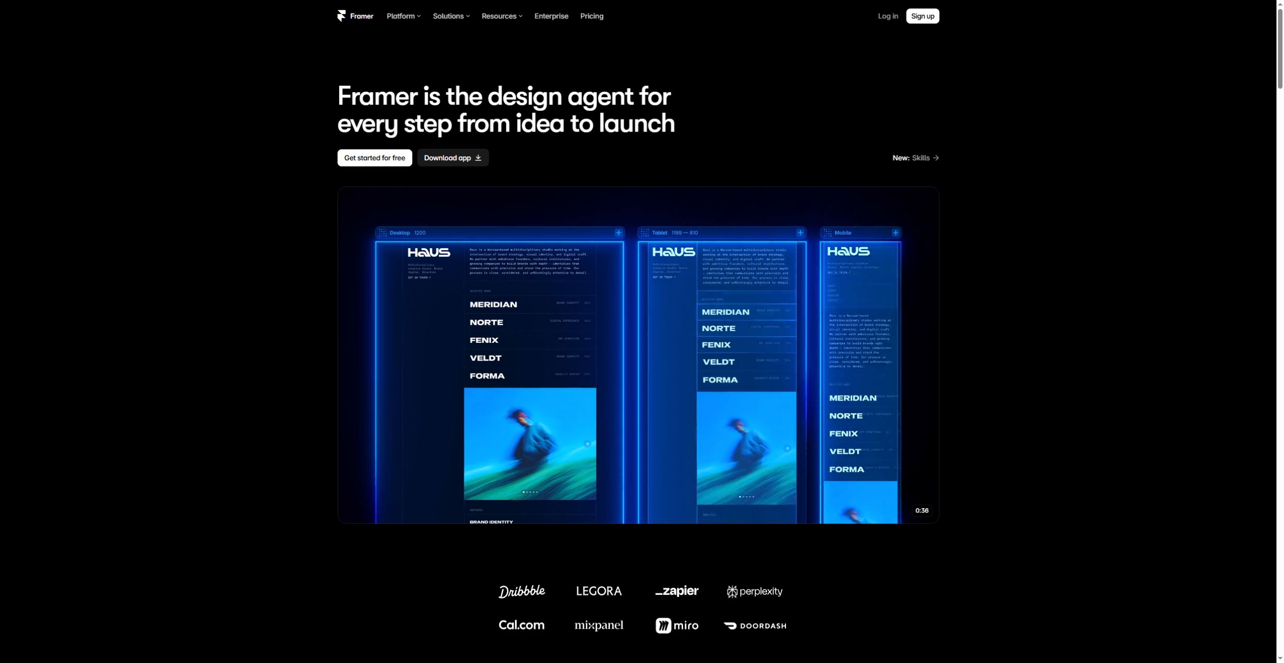 Framer official website showing its visual design workflow