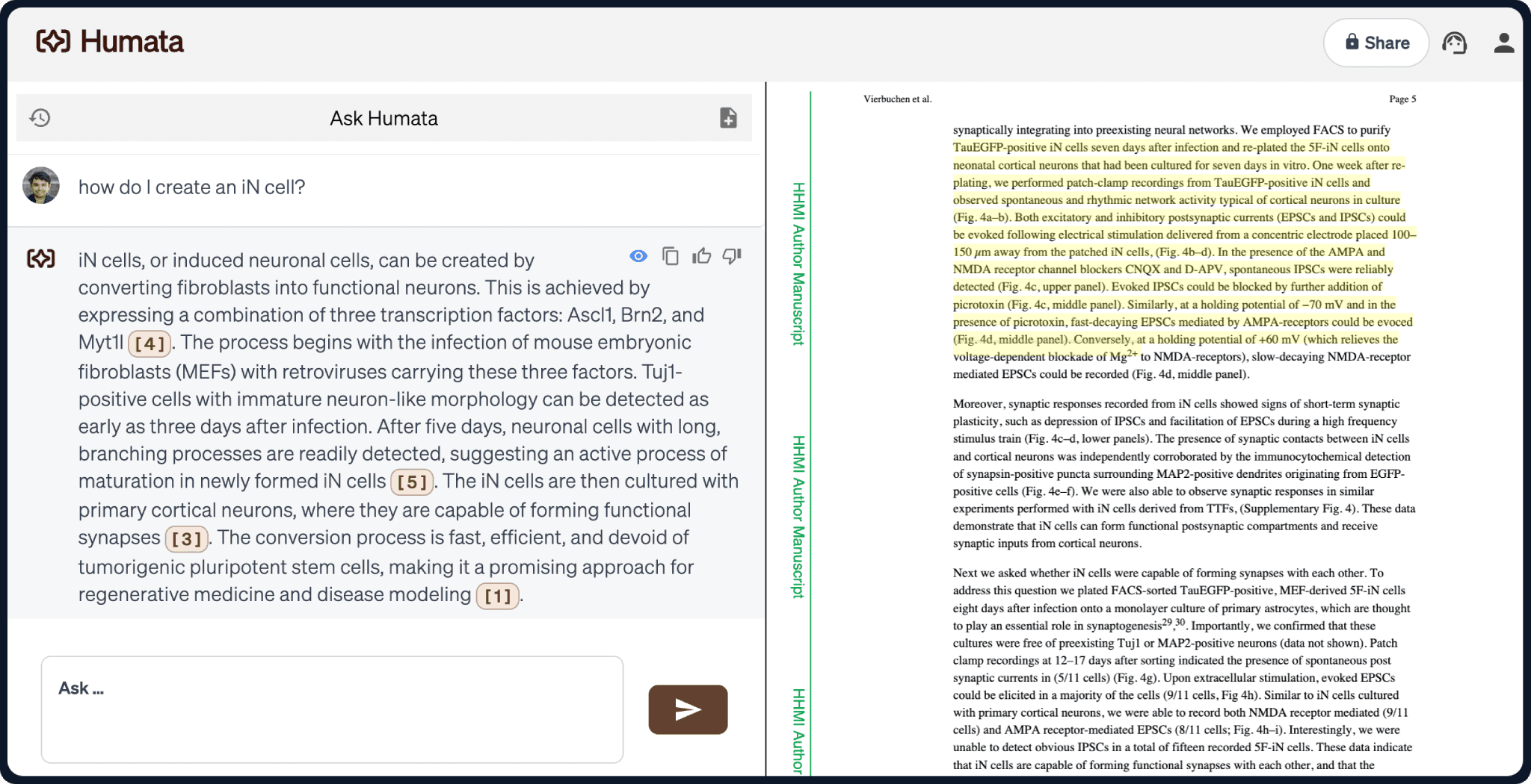 Humata official interface example with an answer and highlighted source text