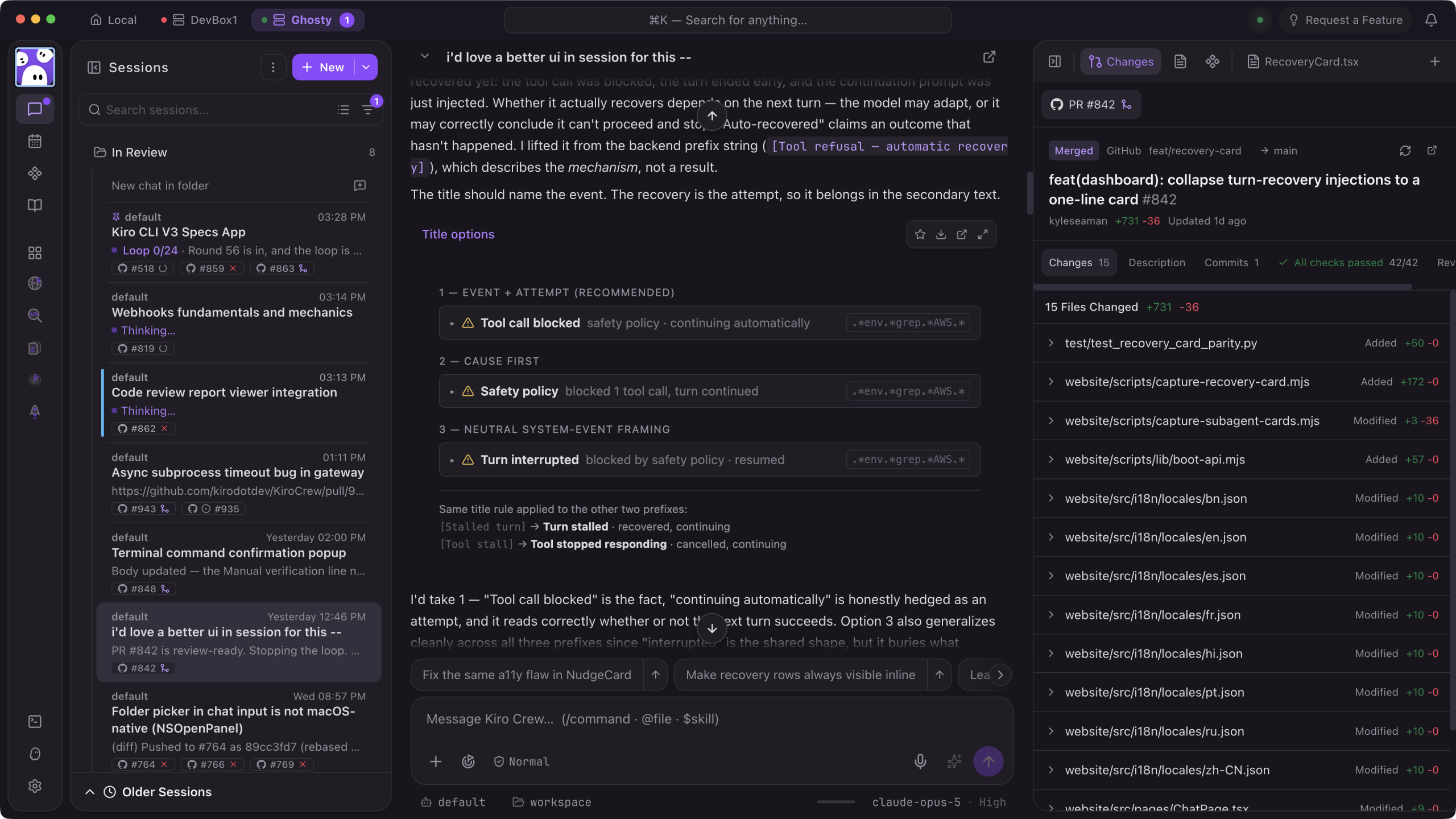 Kiro official interface showing agent sessions and a pull request