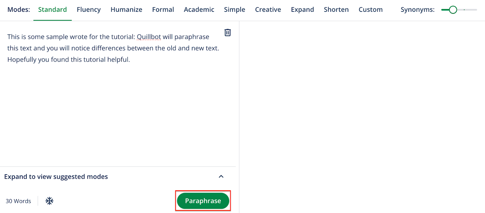 QuillBot official tutorial image of the paraphrasing interface