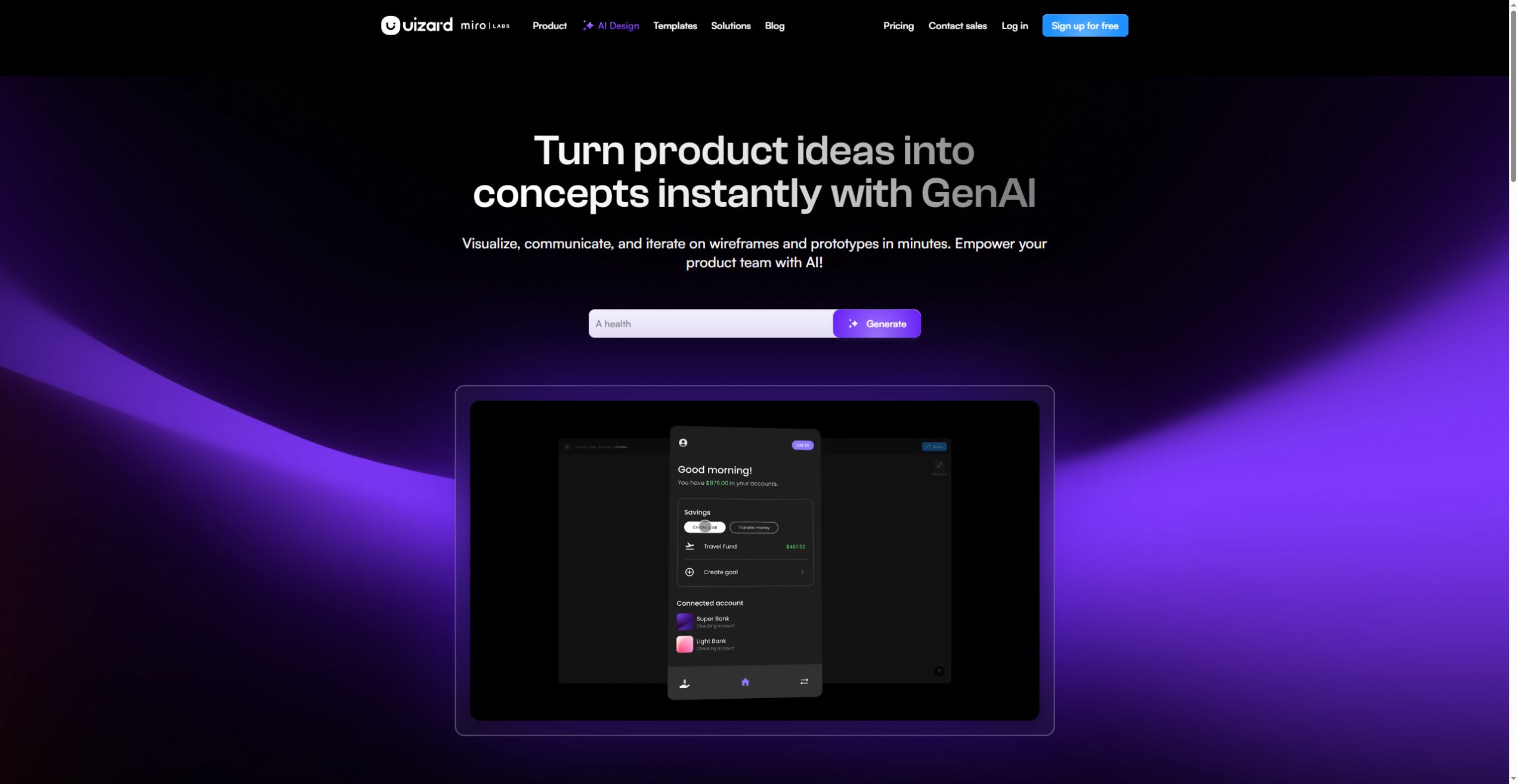 Uizard official website with an interface generation example