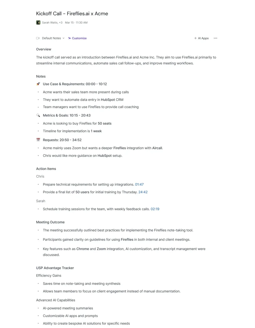 Official Fireflies sample meeting summary and action items; sample content, not a FindGoodAI recording