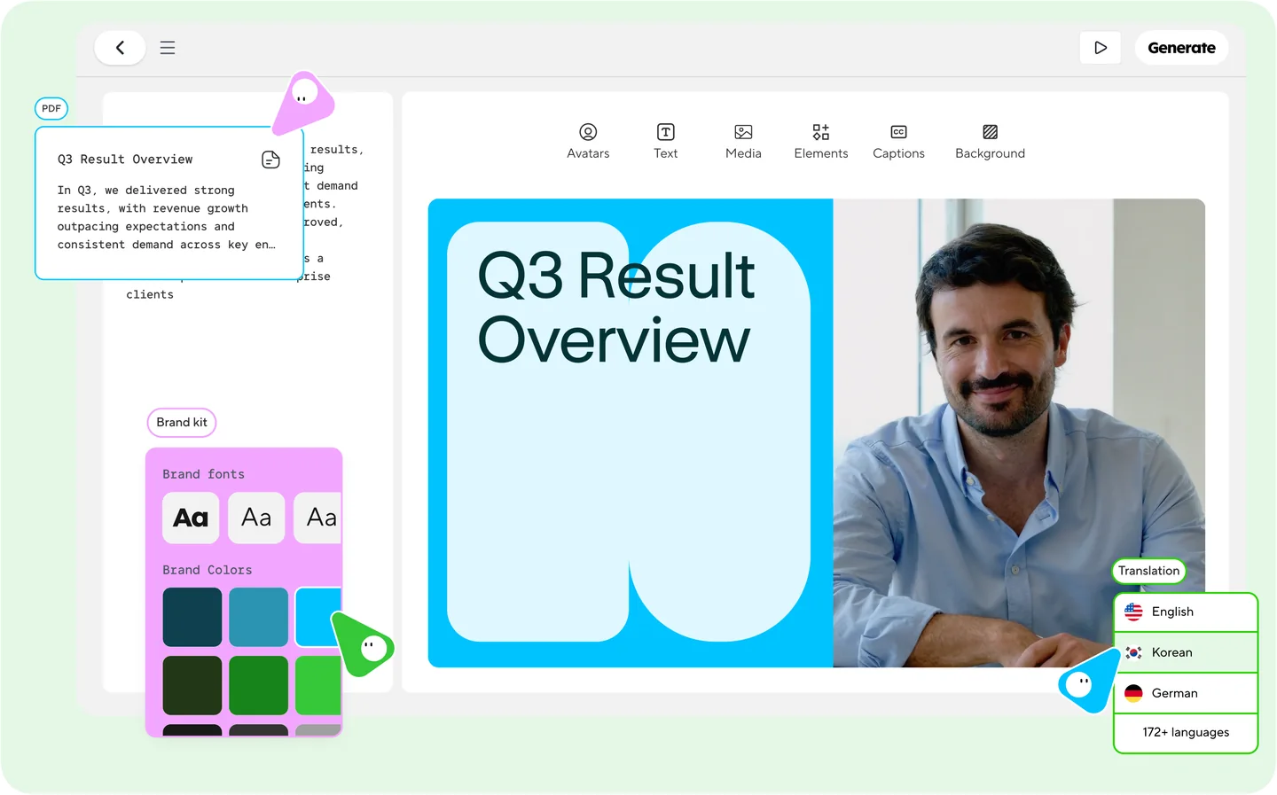 HeyGen’s official product image shows the script editor beside an avatar preview.