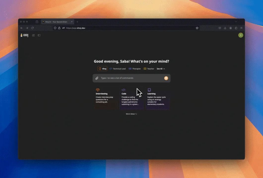 Still frame from the official Khoj demonstration showing its web interface; not a FindGoodAI task run