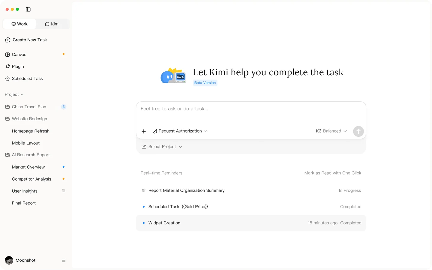 Official Kimi desktop product interface