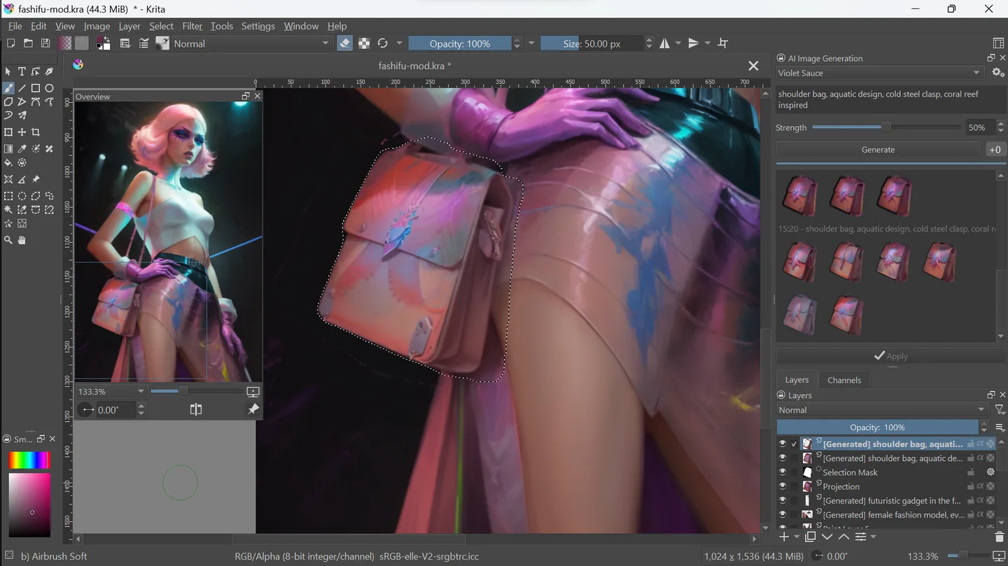 Official plugin example of selecting and refining a small illustration detail inside Krita