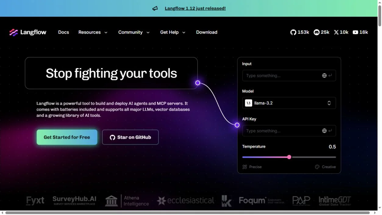 Langflow official website captured October 3, 2026; product presentation, not a FindGoodAI performance test