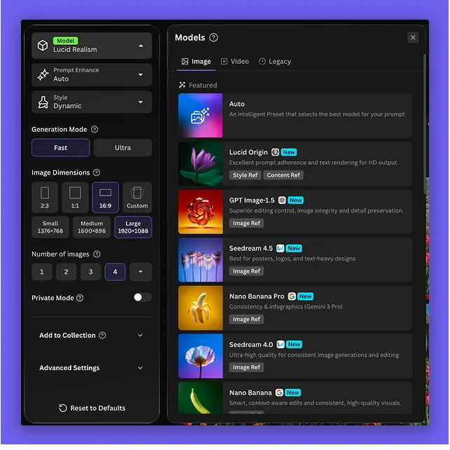 Official Leonardo.Ai generation-settings screenshot; model access and token costs depend on the account