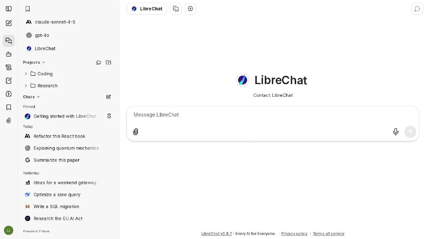 Official LibreChat website image showing model choices, projects and the chat workspace