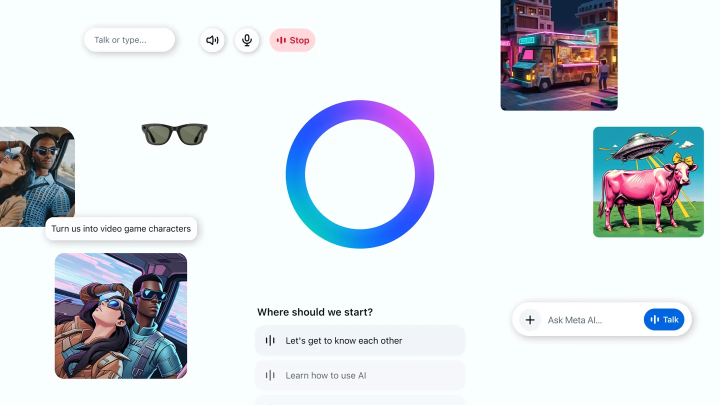 Meta official 2025 app-launch illustration showing assistant, voice and image examples; promotional product image rather than a current account screenshot