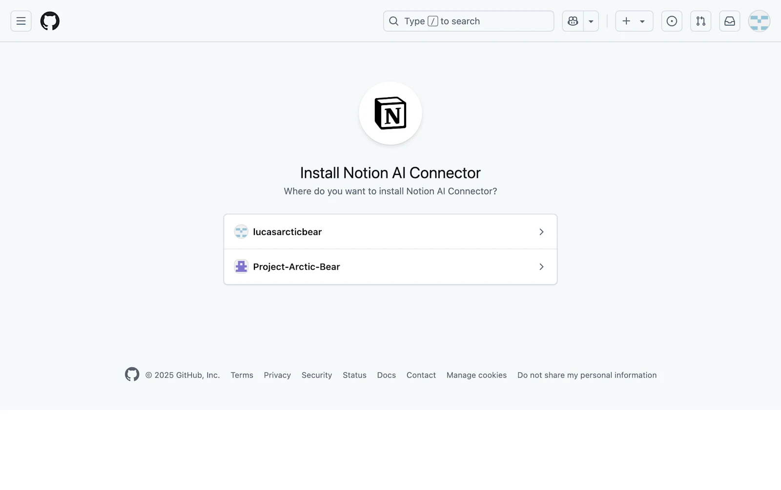 Official GitHub authorization example: choose the organization where the connector will be installed, then limit the repositories it can access.