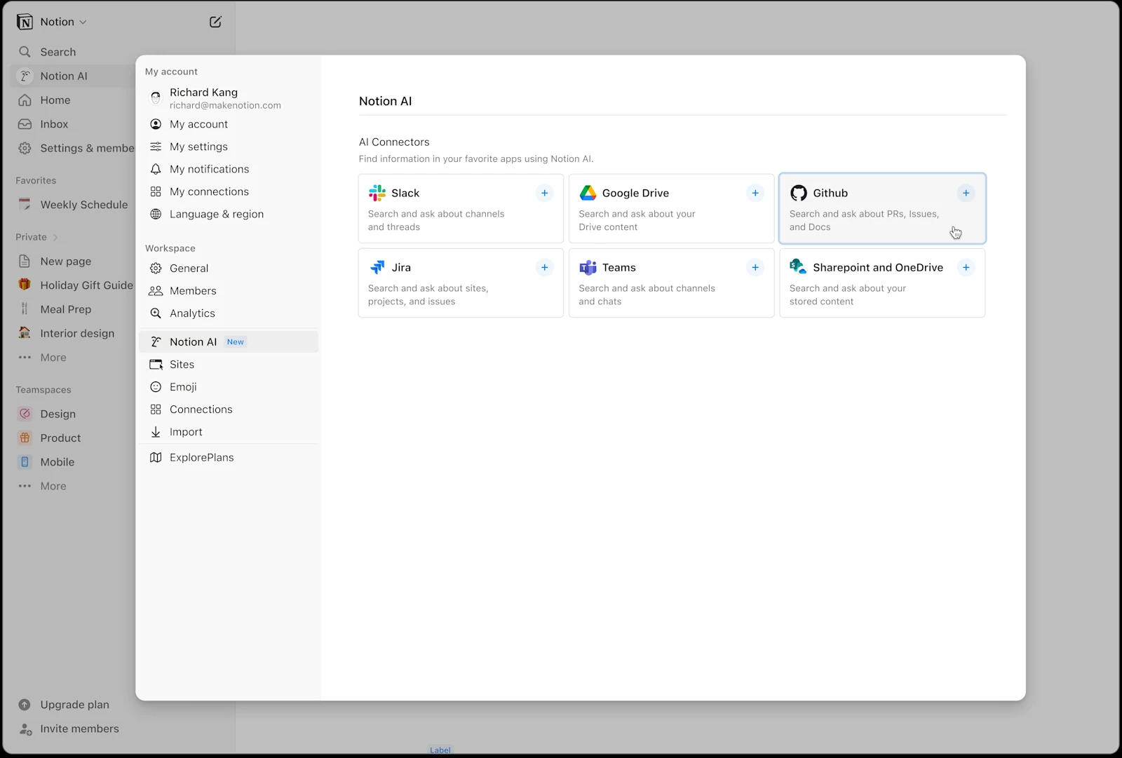 Official GitHub AI Connector settings. Confirm workspace, organization and repository permissions before connecting.
