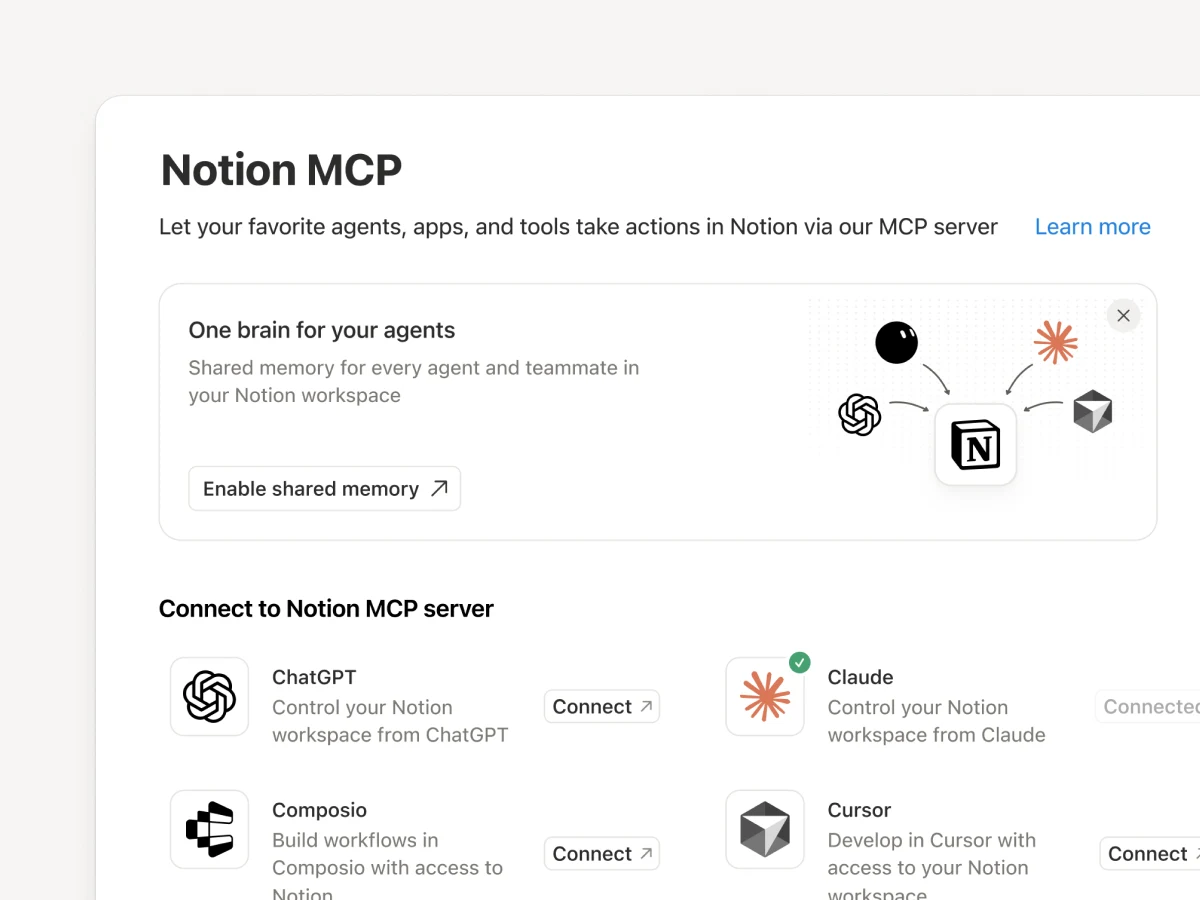 Official Notion MCP illustration: external AI tools connect to Notion to read and update shared project context.