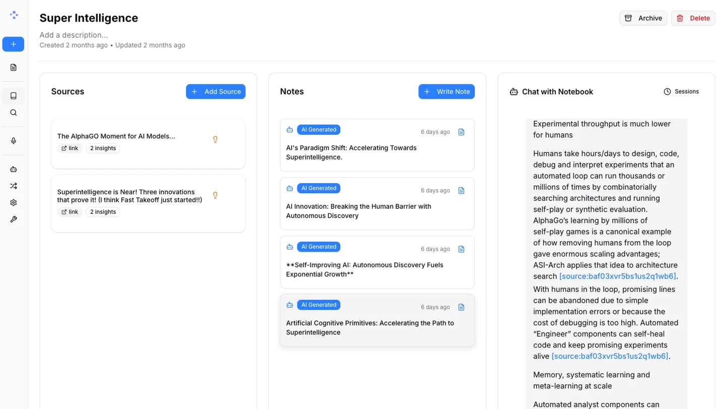 Official Open Notebook screenshot showing sources, notes and notebook chat; illustrative project material