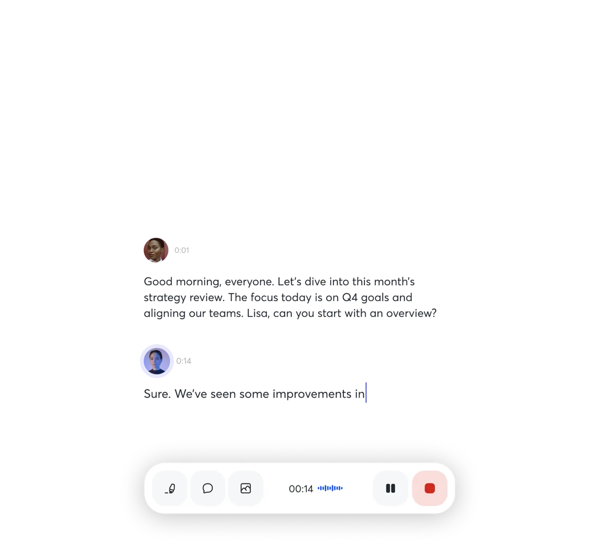 Official Otter live-transcription interface illustration; sample speakers and text, not FindGoodAI meeting data
