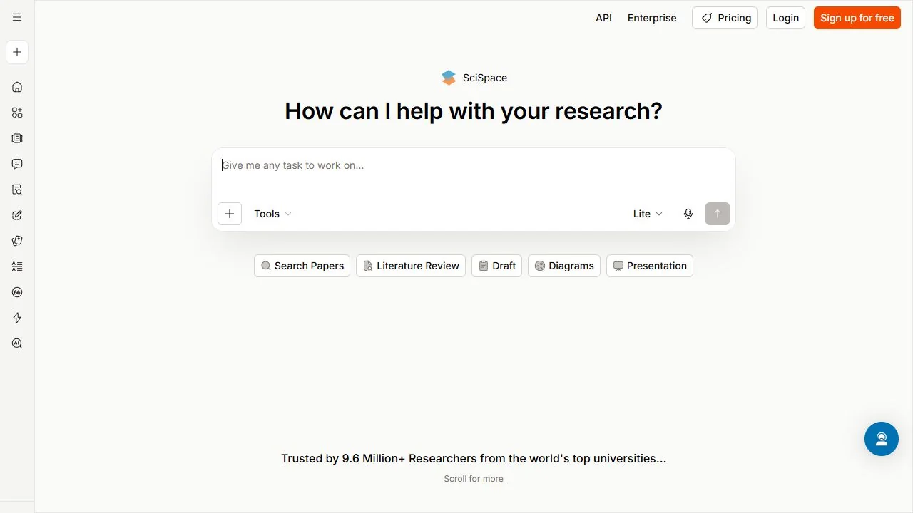 SciSpace official research workspace landing page captured October 3, 2026; the empty task field is a product entry screen, not a completed research result
