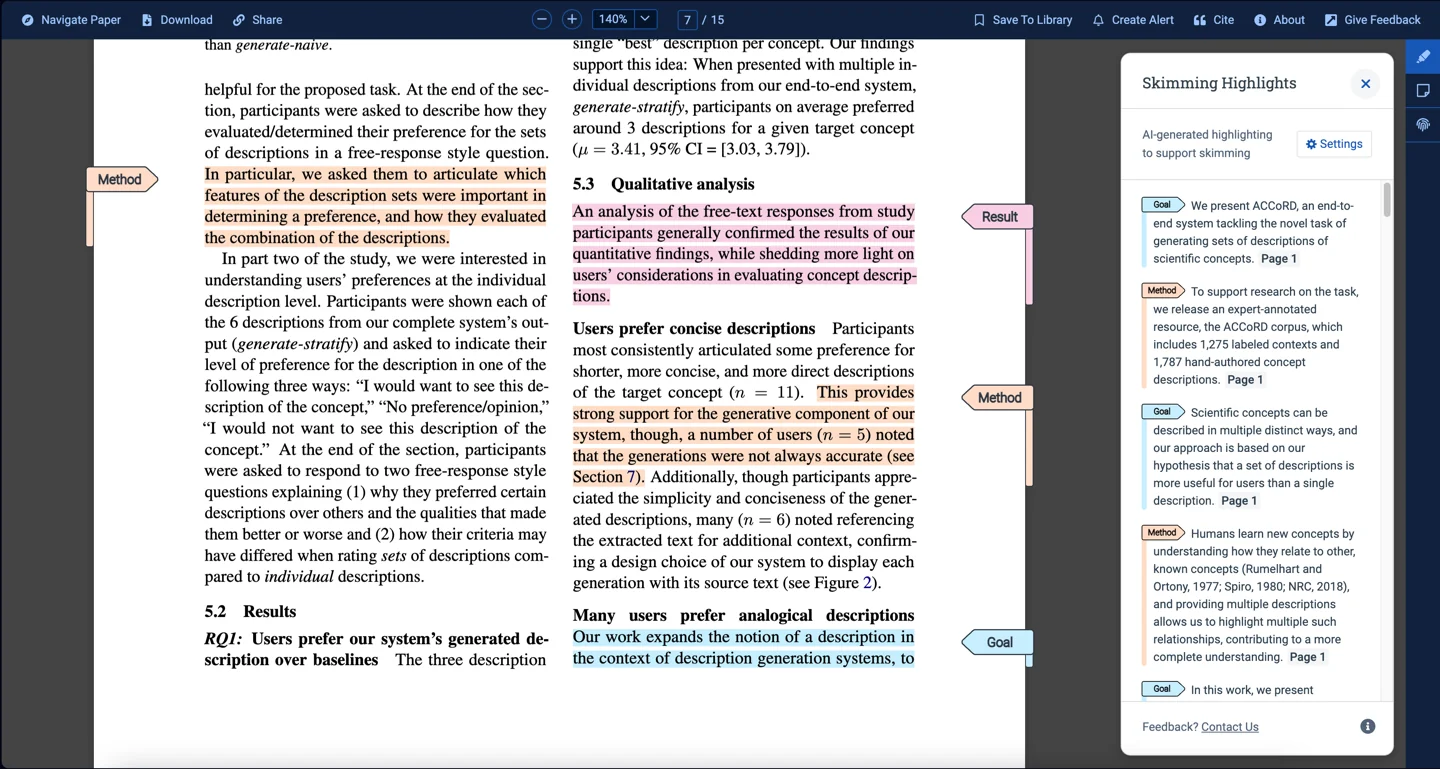 Official Semantic Reader example showing AI-assisted skimming highlights; feature availability varies by paper