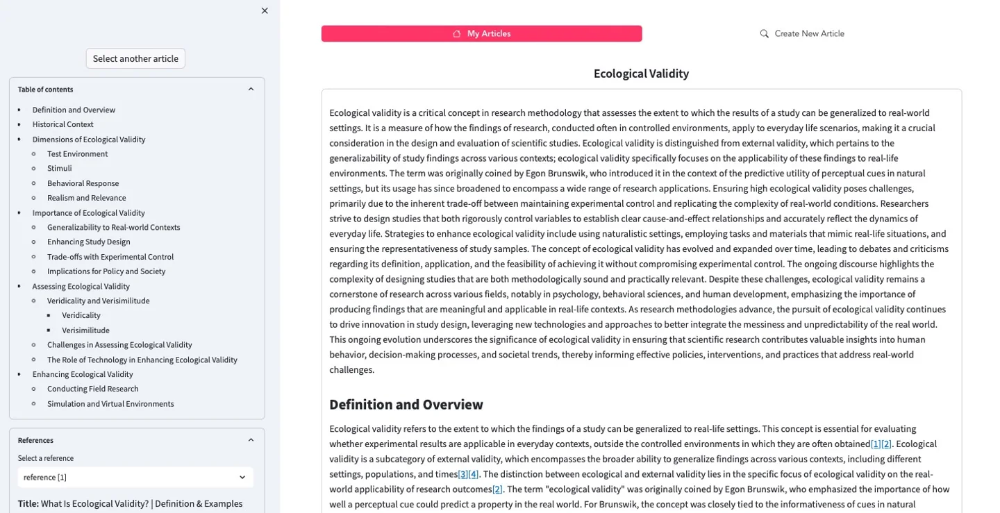 Official STORM demo interface showing an article beside its outline and references; an upstream project example