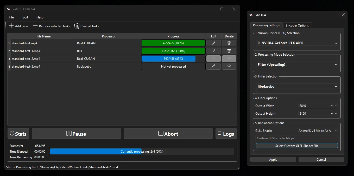 Official Video2X Qt6 screenshot showing the task queue and processing settings; displayed performance is the project example