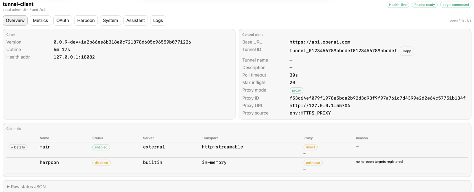 Official tunnel-client local administration interface example