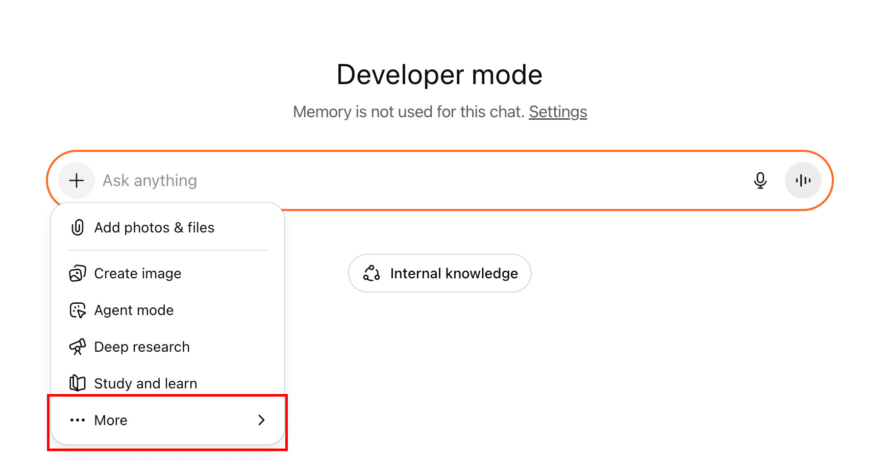 Earlier developer-mode composer with the More menu