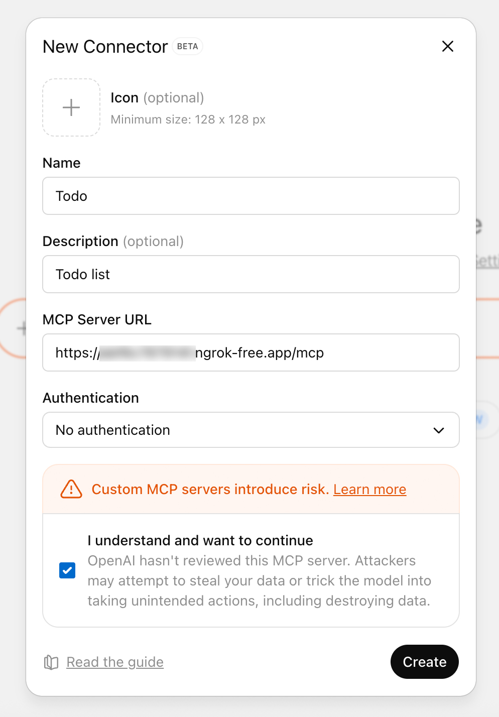 Earlier ChatGPT connector form showing name, endpoint and authentication